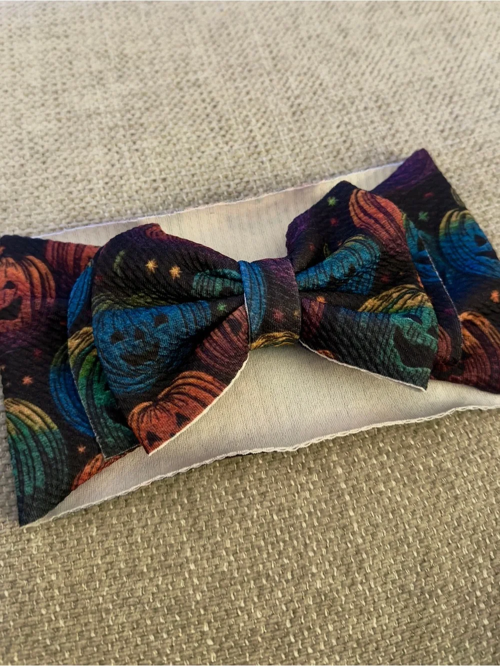 Baby Girl Halloween Pumpkin Print Headband Big Bow - Multicolor on Black